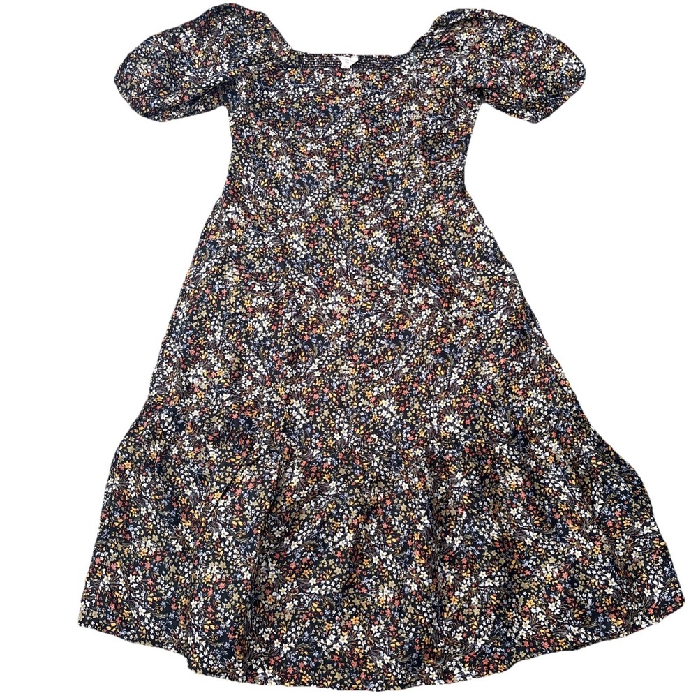 Garnet Hill Linen Puff Sleeve Black Multi Floral Maxi Dress L New square neck